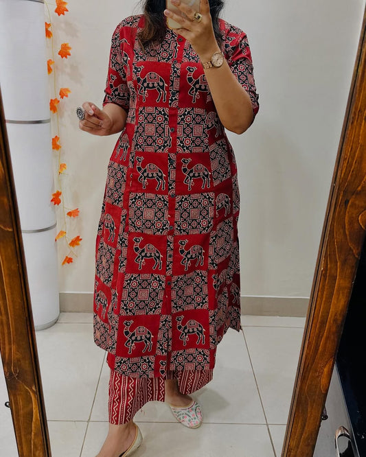 Women’s Maroon Cotton Printed A-Line Kurta Pant Set