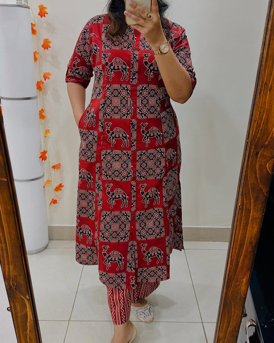 Women’s Maroon Cotton Printed A-Line Kurta Pant Set