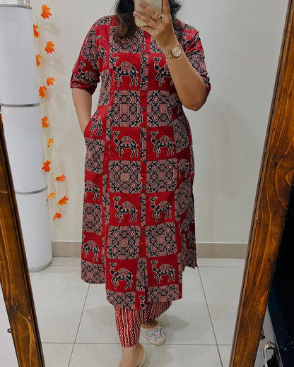 Women’s Maroon Cotton Printed A-Line Kurta Pant Set