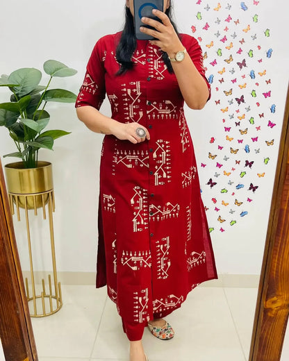 Jaipur Printed-Cotton-Red-Kurti-Plazo-Set