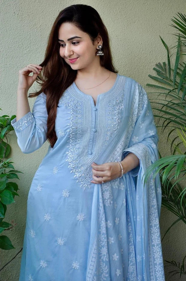 Carolina Blue Embroidered Suit Set with Dupatta