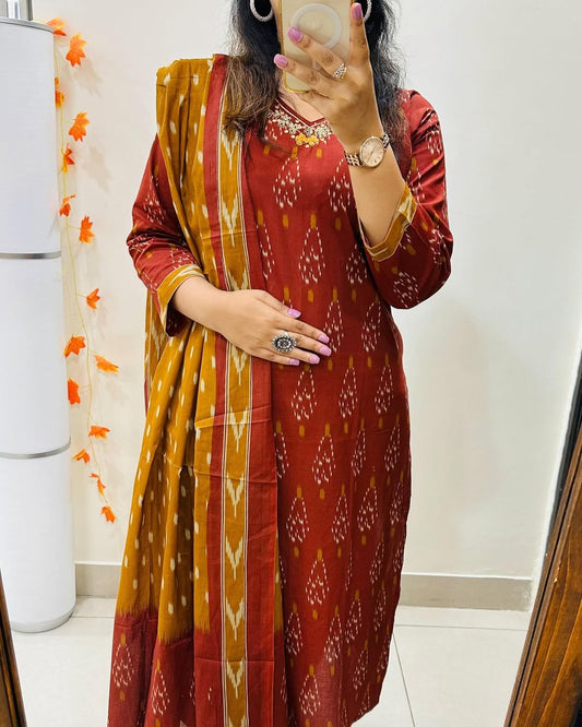 Ikkat Print With Kurti Pant & Dupatta Set For Women