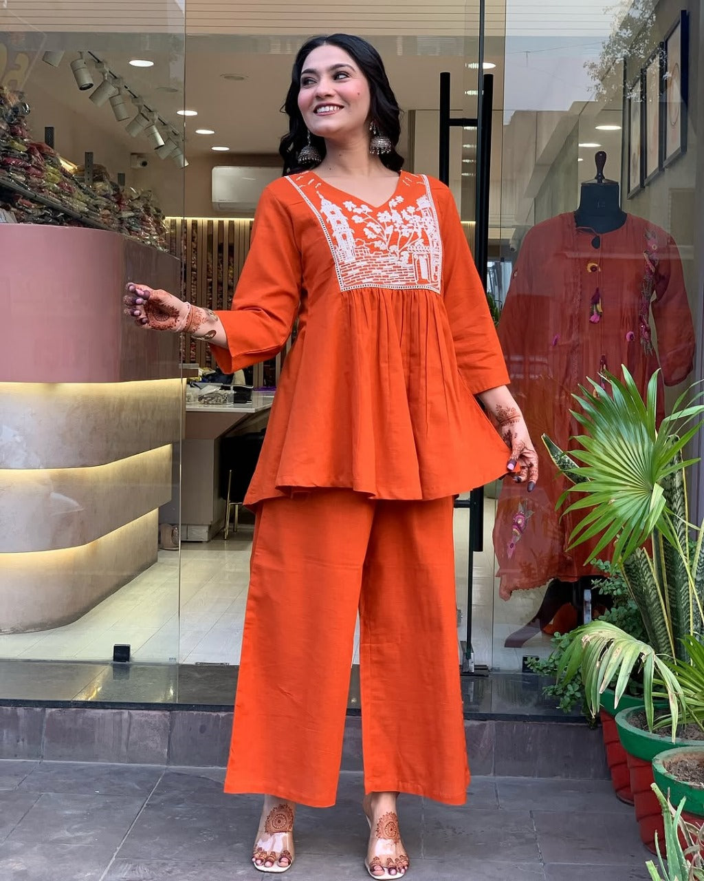 Reddish Orange Embroidered Cotton Slub Kurta And Pant Set