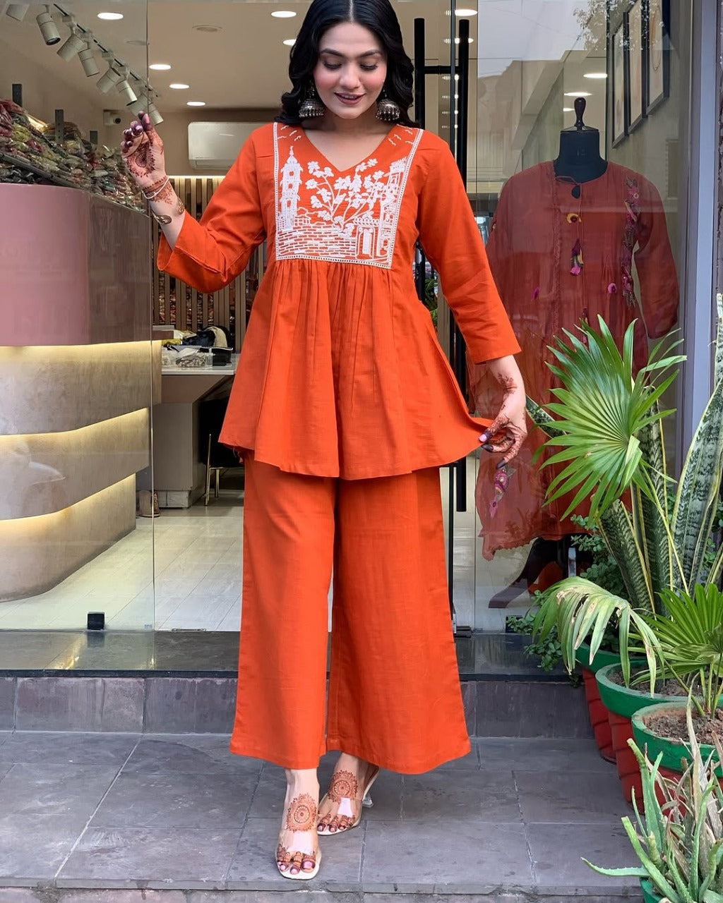 Reddish Orange Embroidered Cotton Slub Kurta And Pant Set