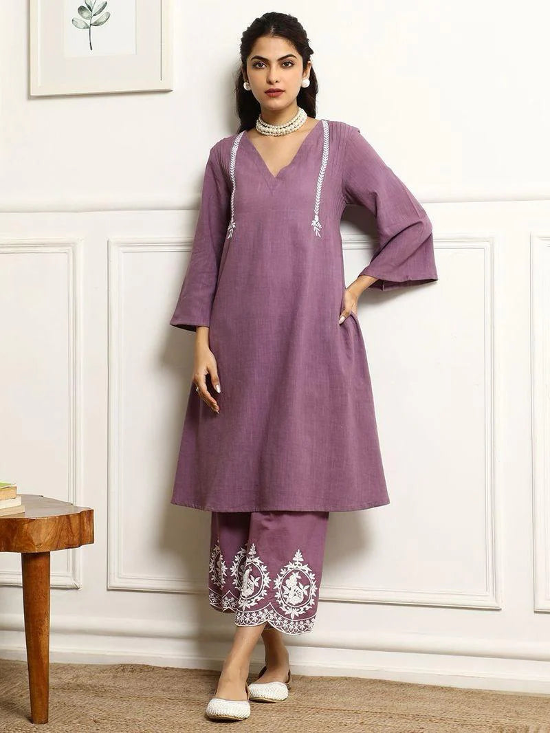 Elegant Mauve Cotton Kurta Set with Chevron Dupatta