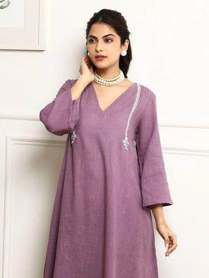 Elegant Mauve Cotton Kurta Set with Chevron Dupatta