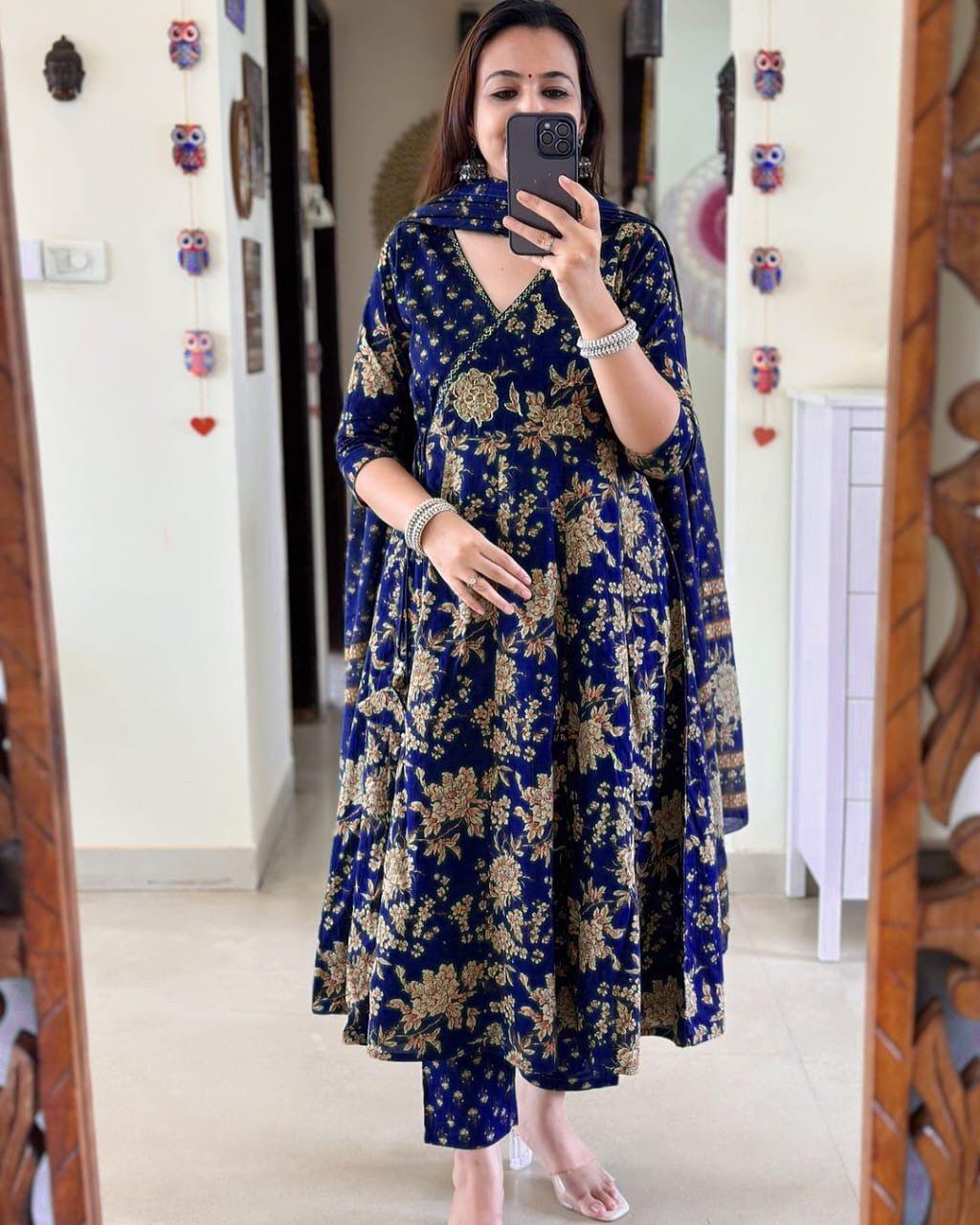 Anarkali Kurta Set With Angrakha Style For Women( Blue )