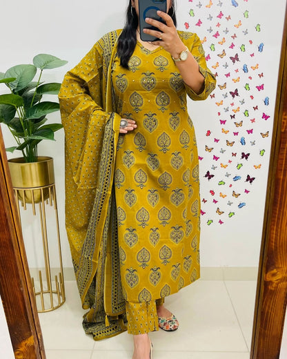 Mustard Yellow Printed Cotton Suit Set