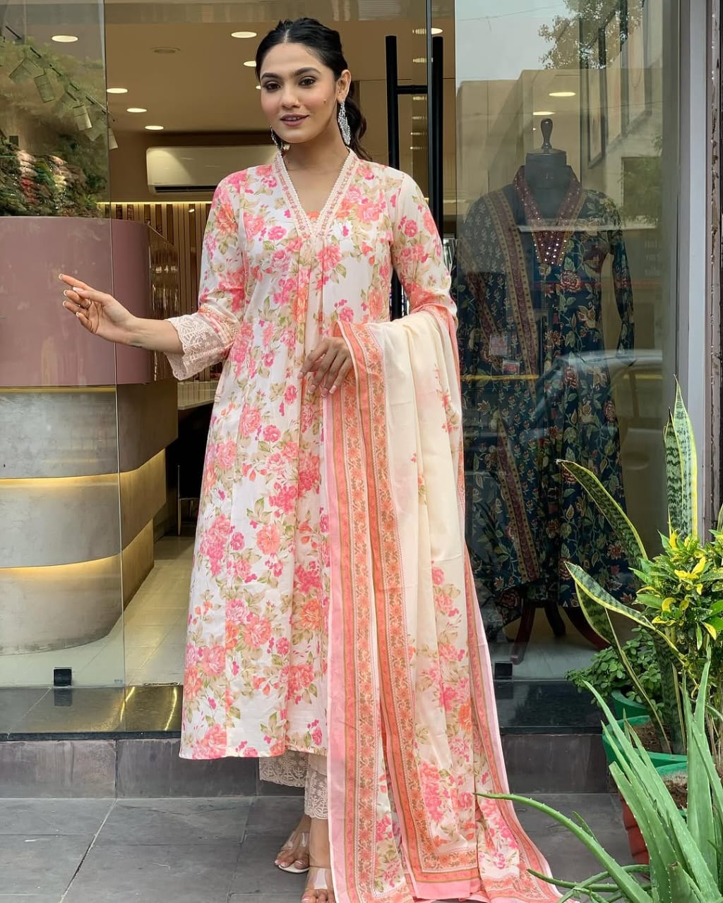 Floral Print Pure Cotton Ethnic Kurta Set With Attached Dupatta