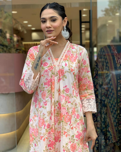 Floral Print Pure Cotton Ethnic Kurta Set With Attached Dupatta