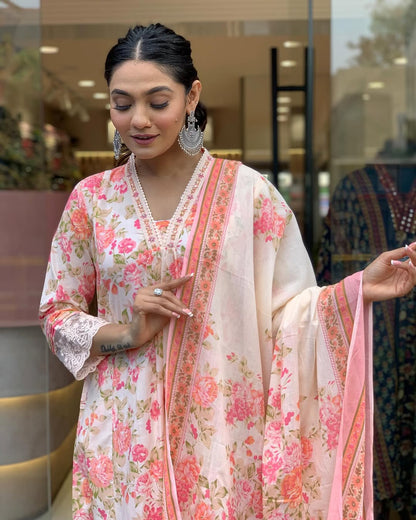 Floral Print Pure Cotton Ethnic Kurta Set With Attached Dupatta