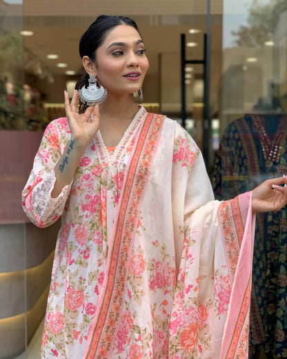 Floral Print Pure Cotton Ethnic Kurta Set With Attached Dupatta