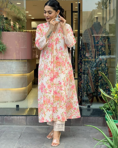 Floral Print Pure Cotton Ethnic Kurta Set With Attached Dupatta