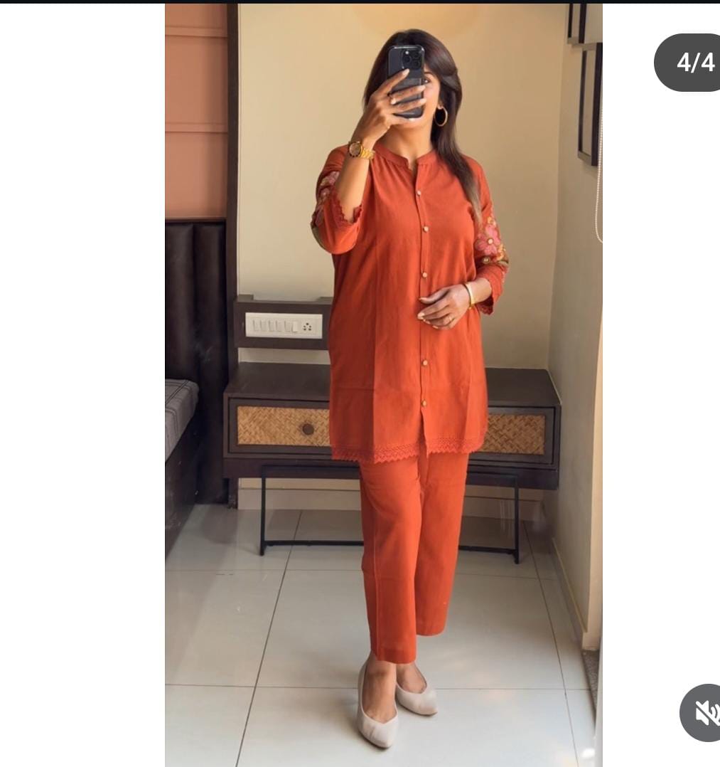 Rust Orange Co-ord Set with Subtle Embroidery Accents