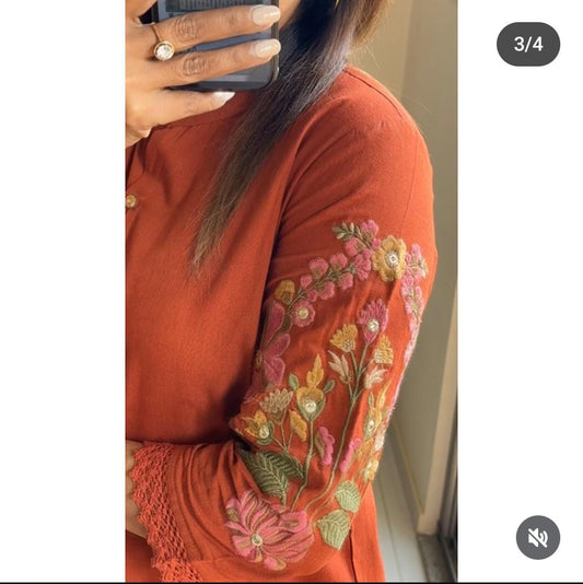 Rust Orange Co-ord Set with Subtle Embroidery Accents