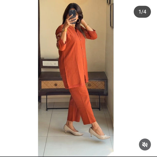 Rust Orange Co-ord Set with Subtle Embroidery Accents