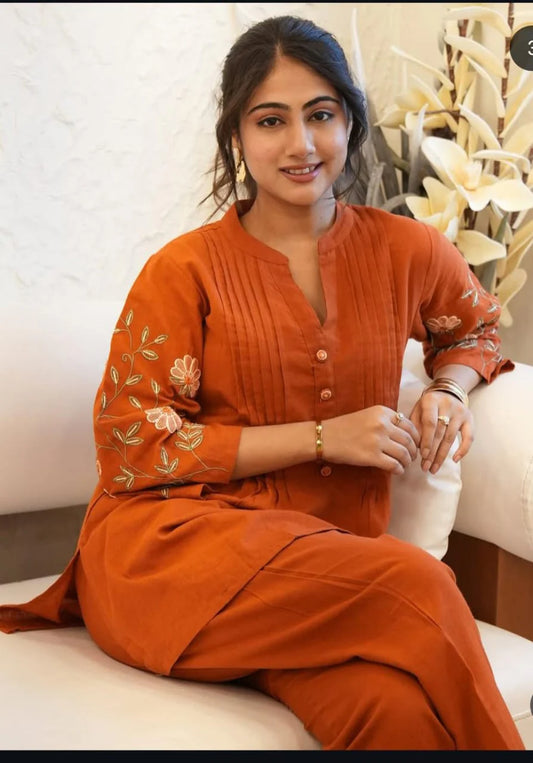 Elegant Rust Orange Embroidered Cotton Co-Ord Set