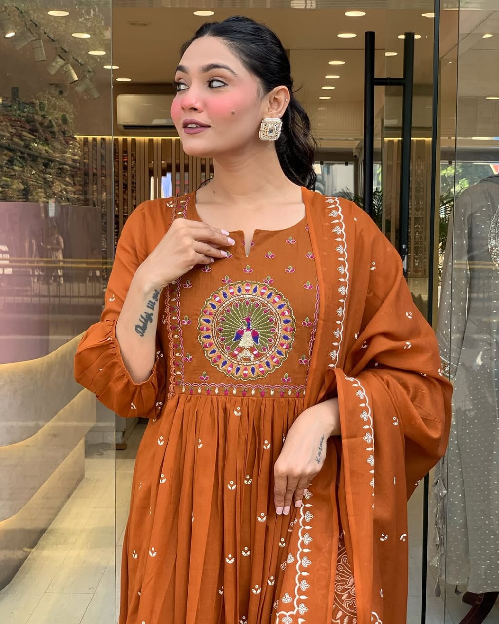 Rust Brown Floor-Length Anarkali Suit with Embroidery and Dupatta