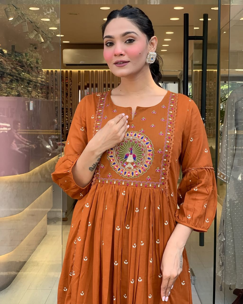 Rust Brown Floor-Length Anarkali Suit with Embroidery and Dupatta