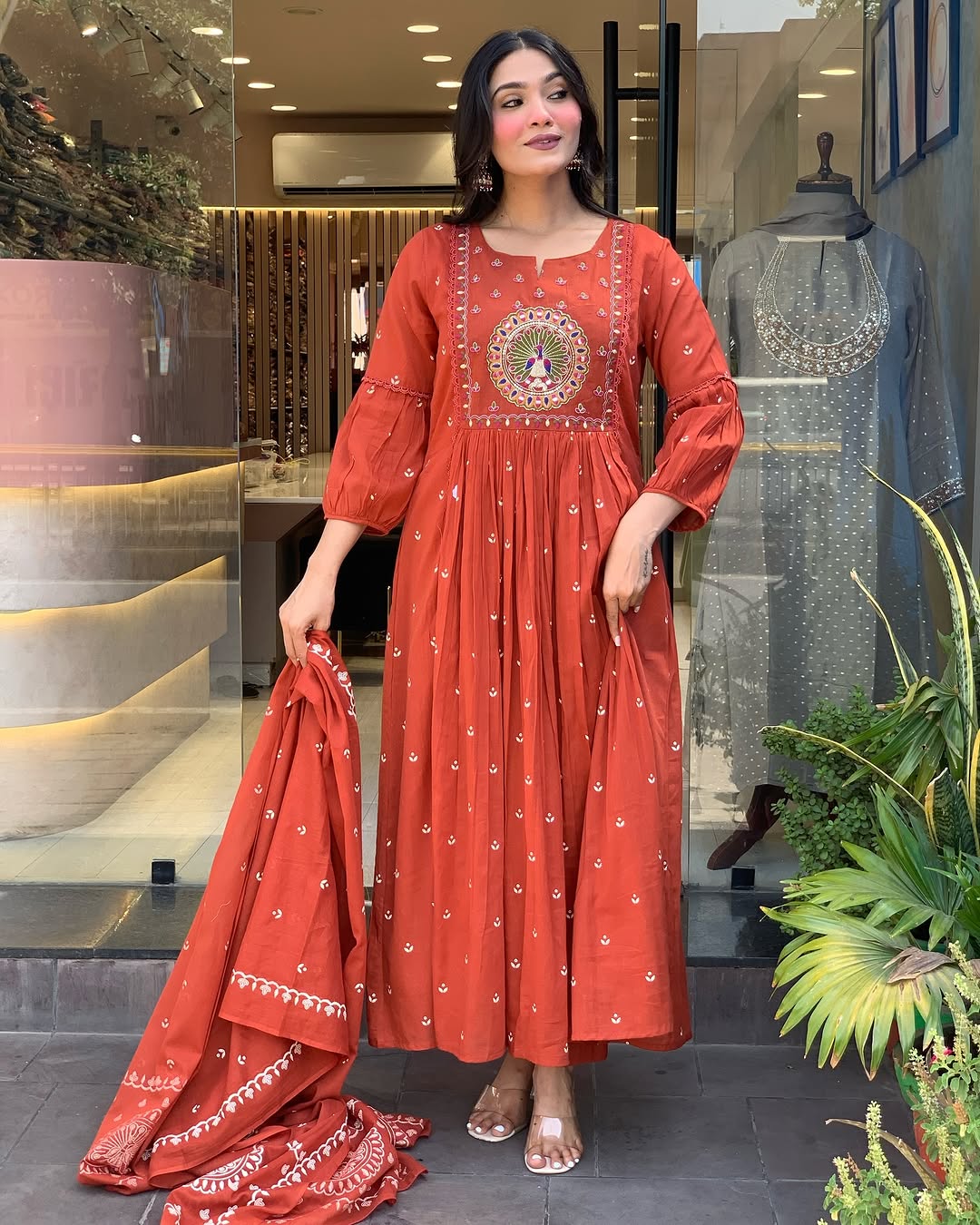 Rust Orange Embroidered Anarkali Suit with Dupatta for Women