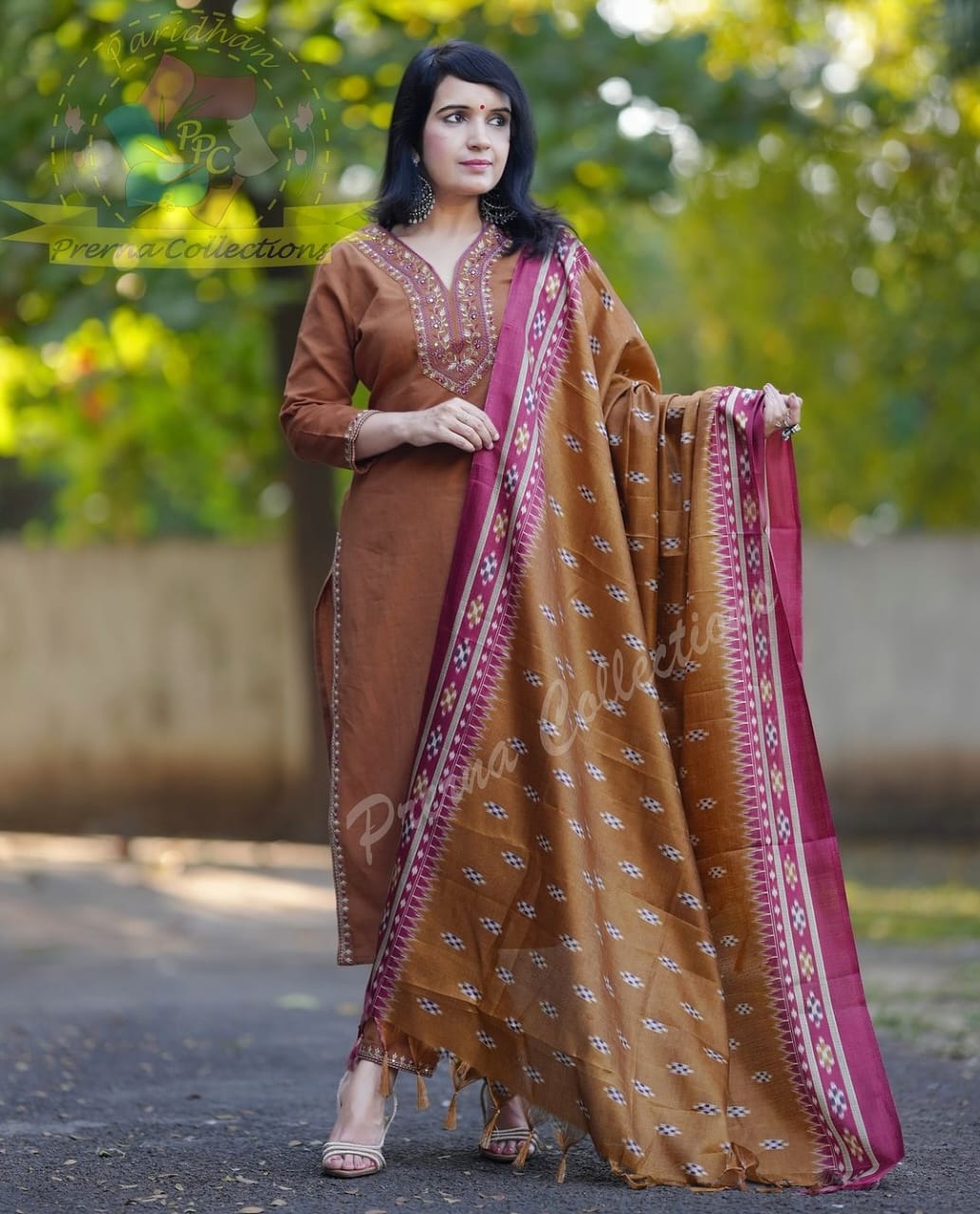 Traditional Embroidered Kurta Set with Ikat Dupatta