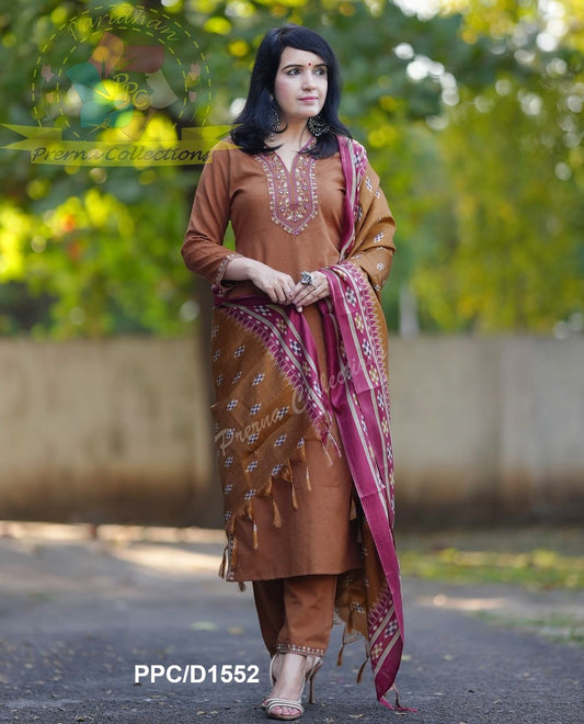 Traditional Embroidered Kurta Set with Ikat Dupatta