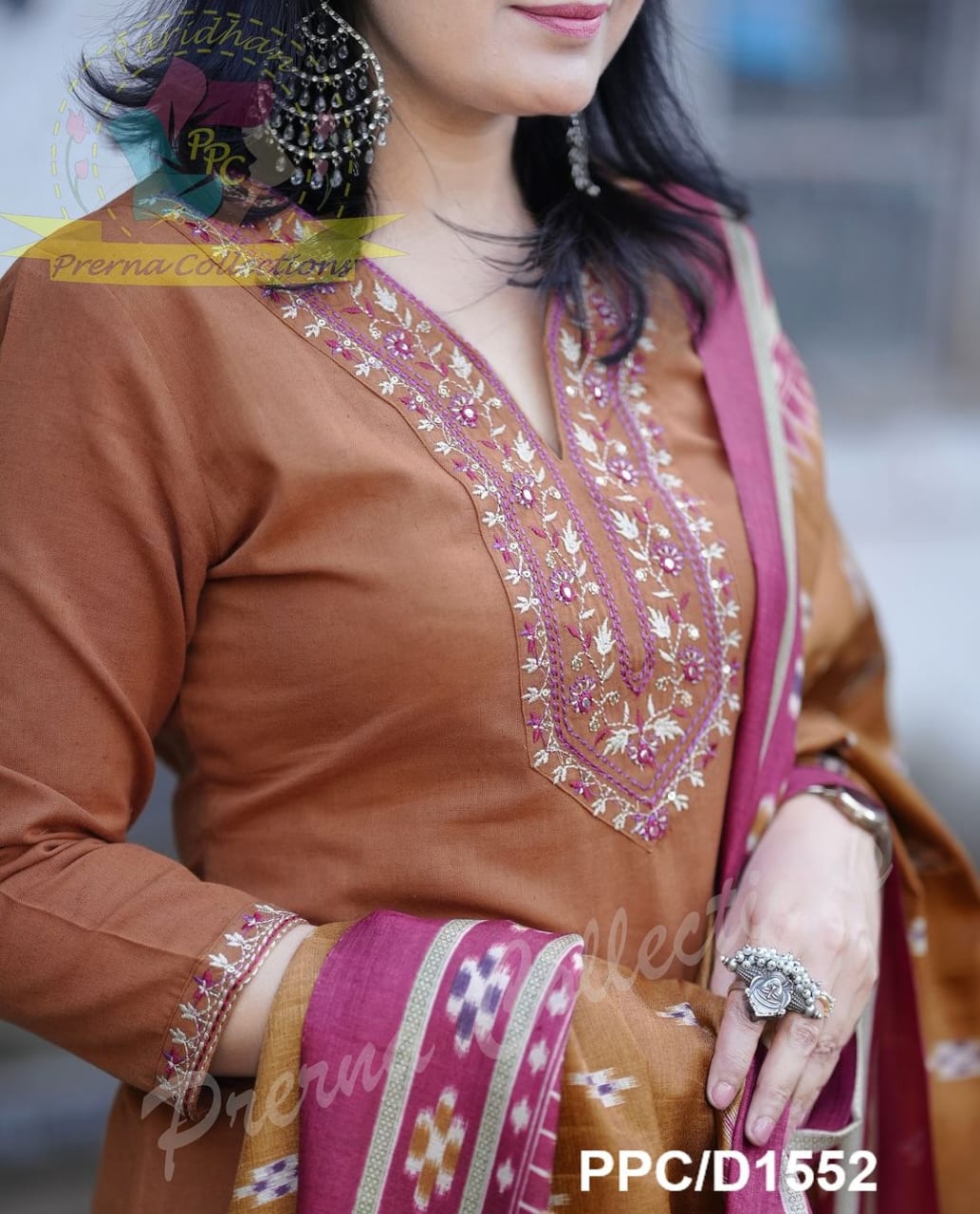 Traditional Embroidered Kurta Set with Ikat Dupatta