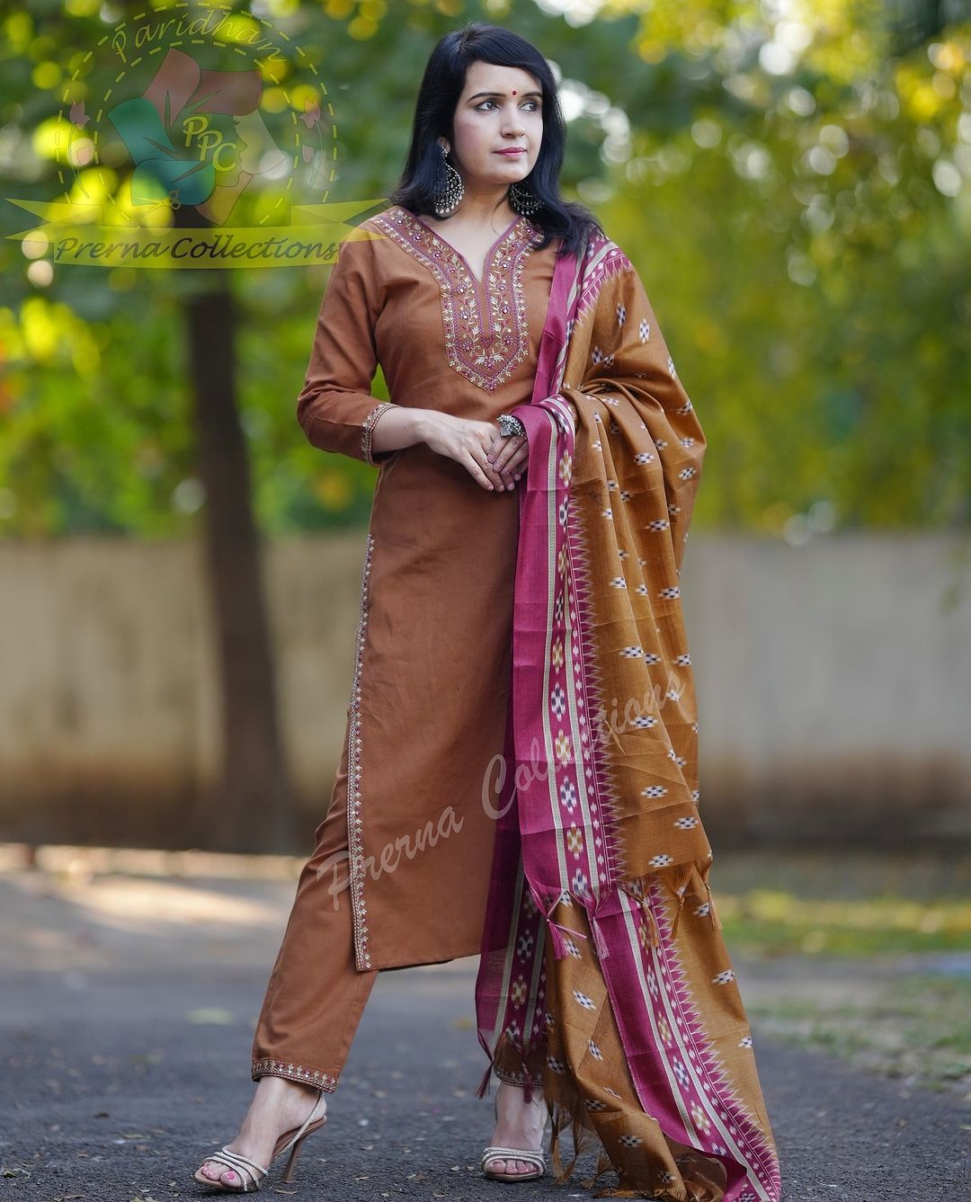 Traditional Embroidered Kurta Set with Ikat Dupatta