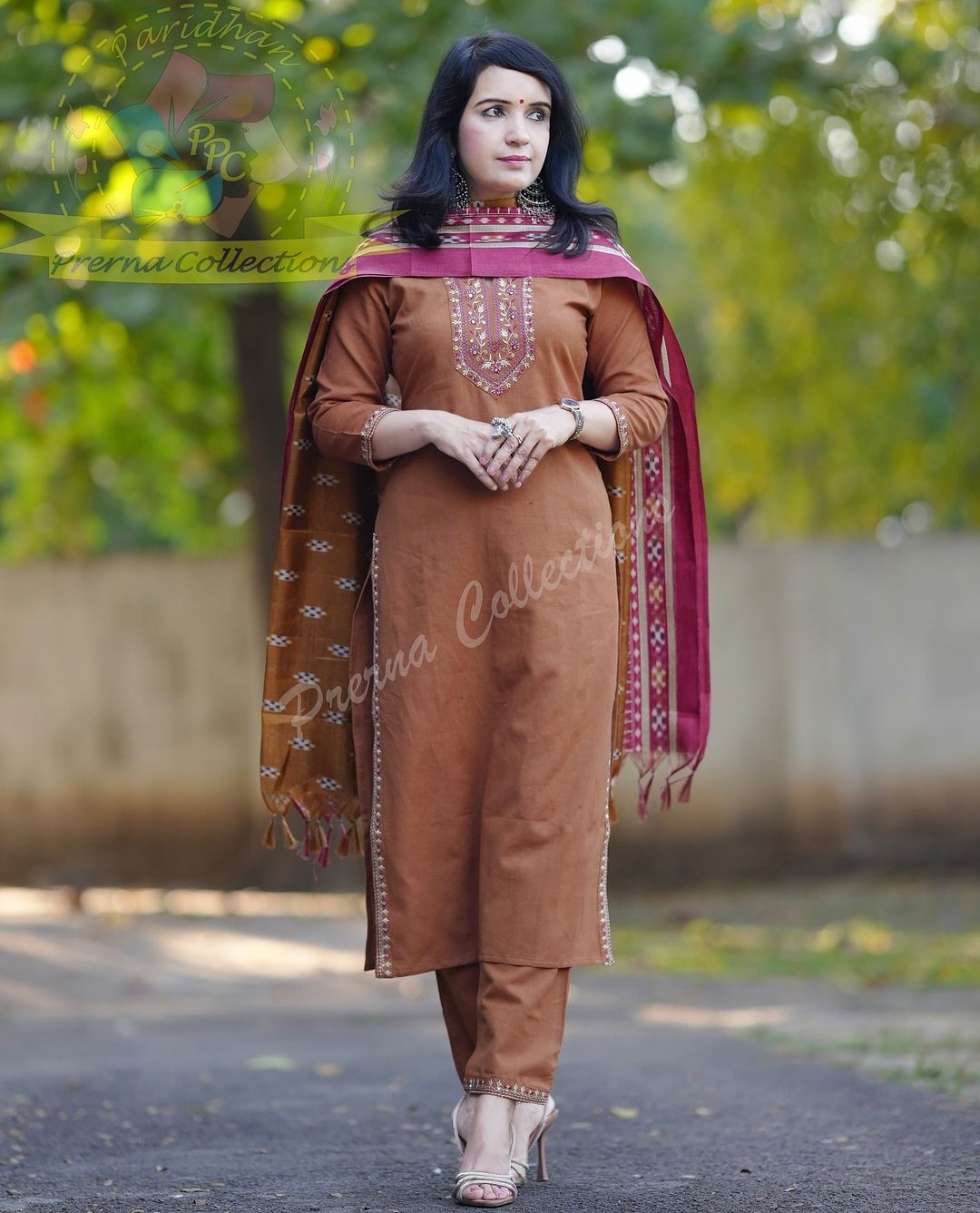 Traditional Embroidered Kurta Set with Ikat Dupatta