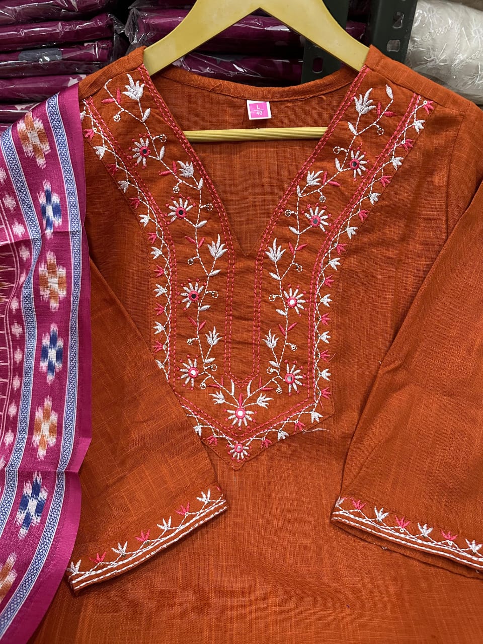 Traditional Embroidered Kurta Set with Ikat Dupatta