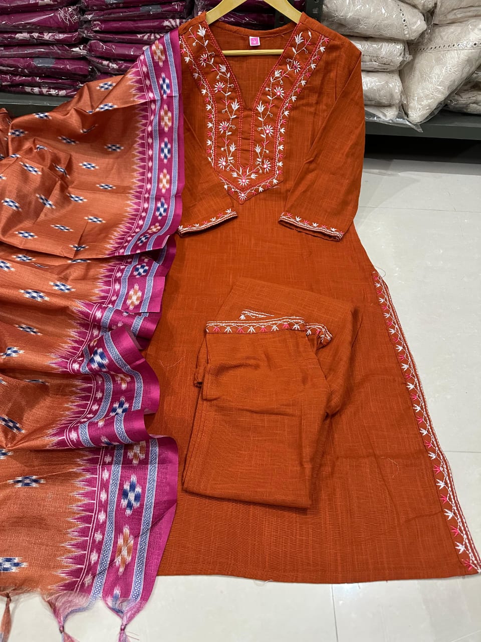 Traditional Embroidered Kurta Set with Ikat Dupatta