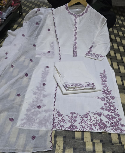 Elegant Off-White and Lavender Embroidered Lawn Suit