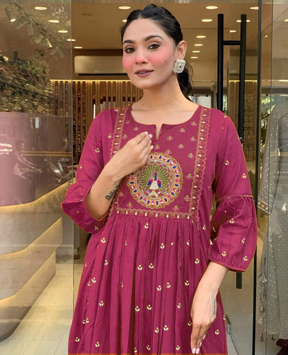 Maroon Anarkali Kurta Set with Peacock Embroidery
