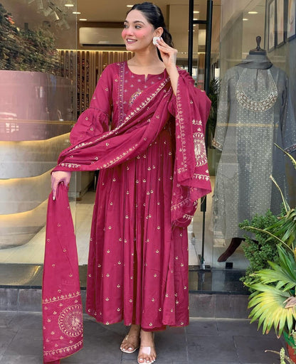 Maroon Anarkali Kurta Set with Peacock Embroidery