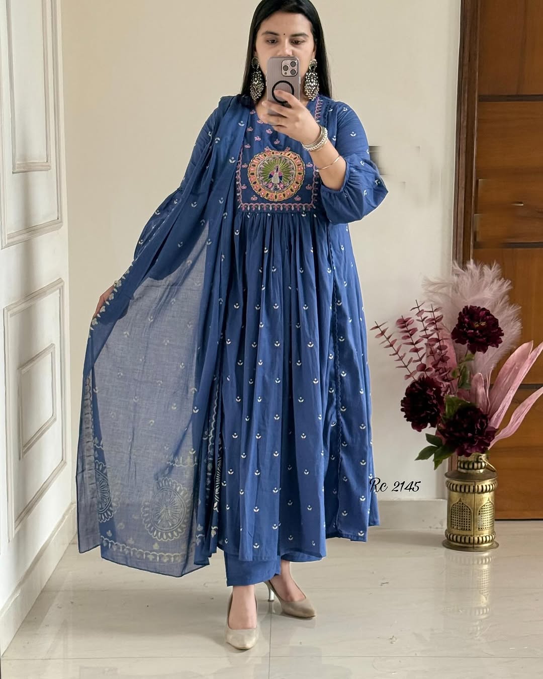 Royal Blue Anarkali Kurta Set with Mirror Embroidery