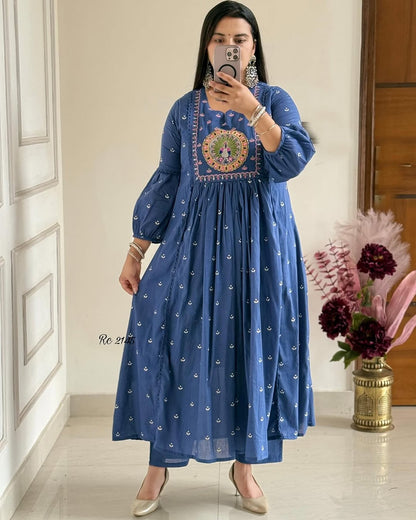 Royal Blue Anarkali Kurta Set with Mirror Embroidery