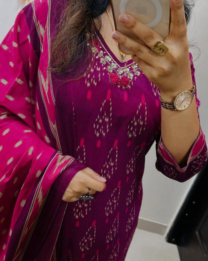 Magenta Ikat Print Cotton Kurta Set with Contrast Dupatta