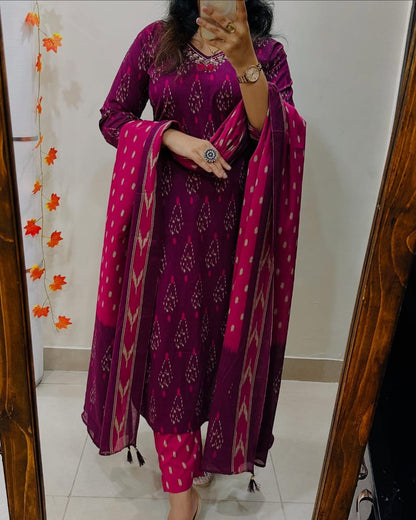 Magenta Ikat Print Cotton Kurta Set with Contrast Dupatta