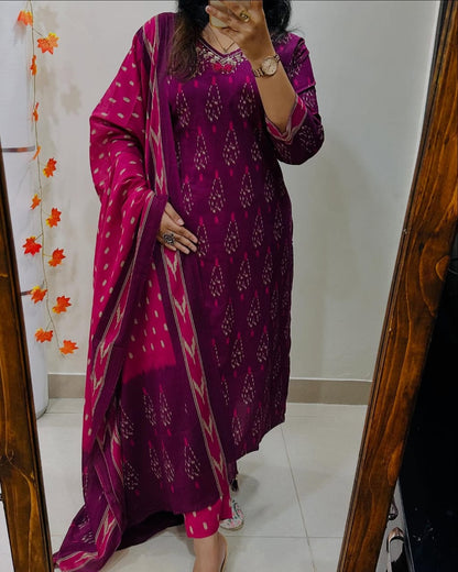 Magenta Ikat Print Cotton Kurta Set with Contrast Dupatta