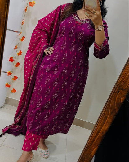 Magenta Ikat Print Cotton Kurta Set with Contrast Dupatta
