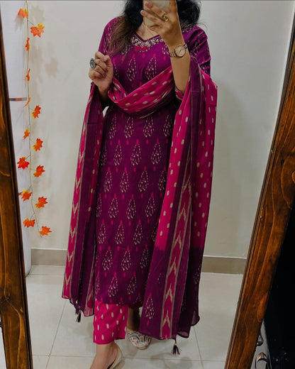 Magenta Ikat Print Cotton Kurta Set with Contrast Dupatta
