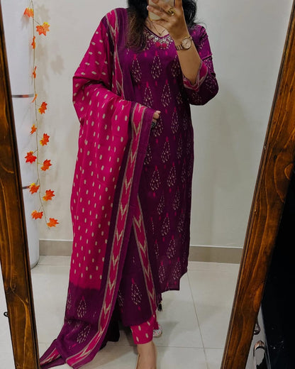 Magenta Ikat Print Cotton Kurta Set with Contrast Dupatta