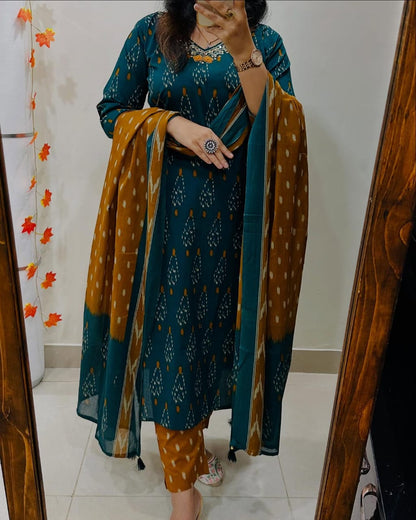 Teal and Mustard Ikat Print Cotton Kurta Set with Dupatta