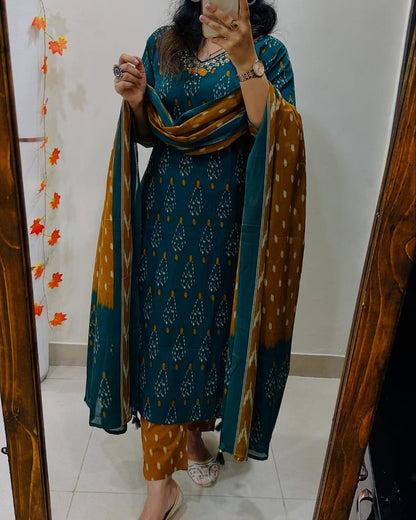Teal and Mustard Ikat Print Cotton Kurta Set with Dupatta