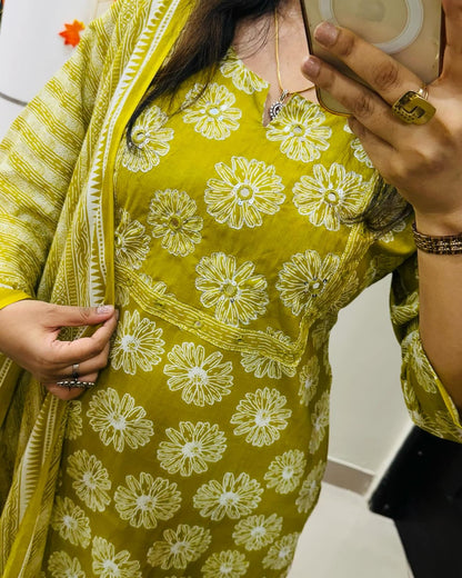 Mustard Yellow Floral Cotton Kurta Set with Striped Dupatta
