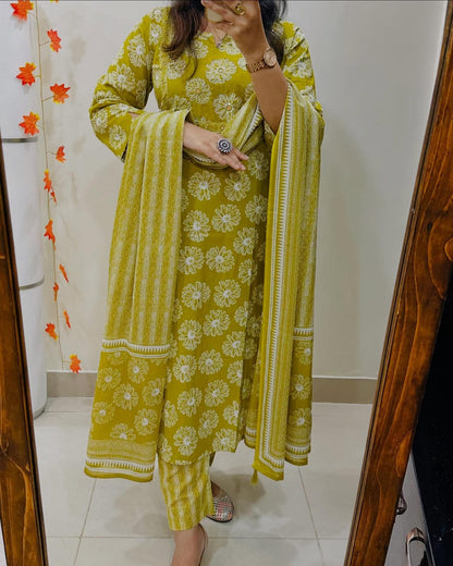Mustard Yellow Floral Cotton Kurta Set with Striped Dupatta