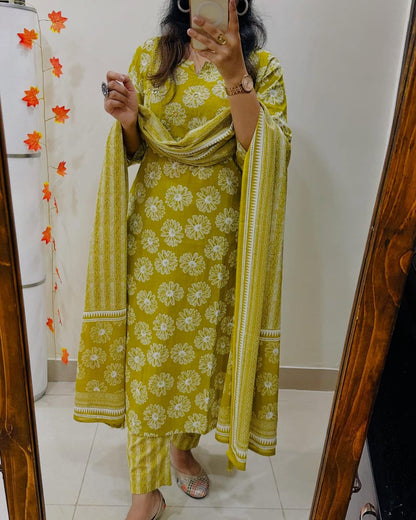 Mustard Yellow Floral Cotton Kurta Set with Striped Dupatta