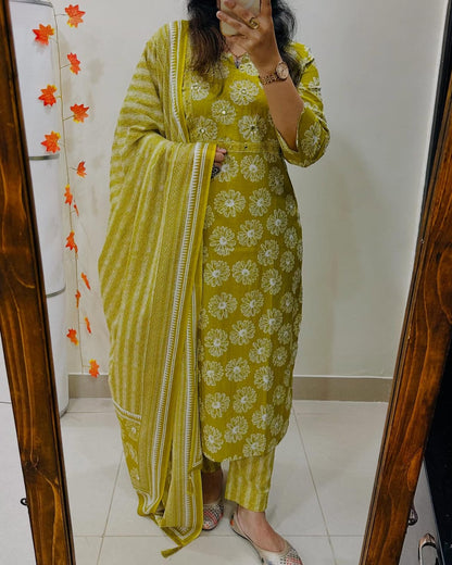 Mustard Yellow Floral Cotton Kurta Set with Striped Dupatta