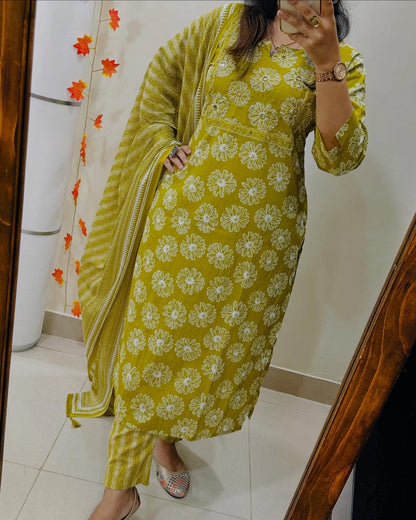 Mustard Yellow Floral Cotton Kurta Set with Striped Dupatta