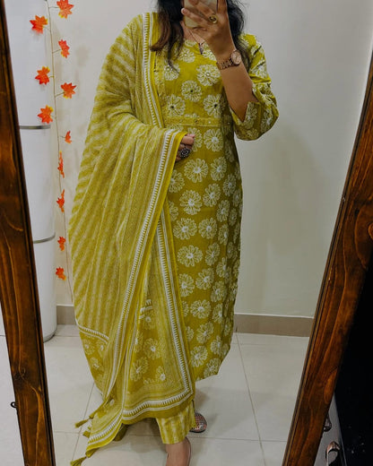 Mustard Yellow Floral Cotton Kurta Set with Striped Dupatta